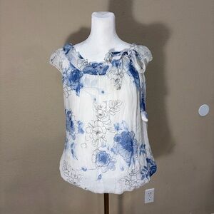 Guisy Made In Italy Top Sz S  Women's White Blue Floral Silk Lined Cottagecore